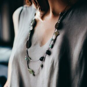 Bohemian Brown Blue Marbled Opera Necklace and Matching Earrings Set Faux Stone
